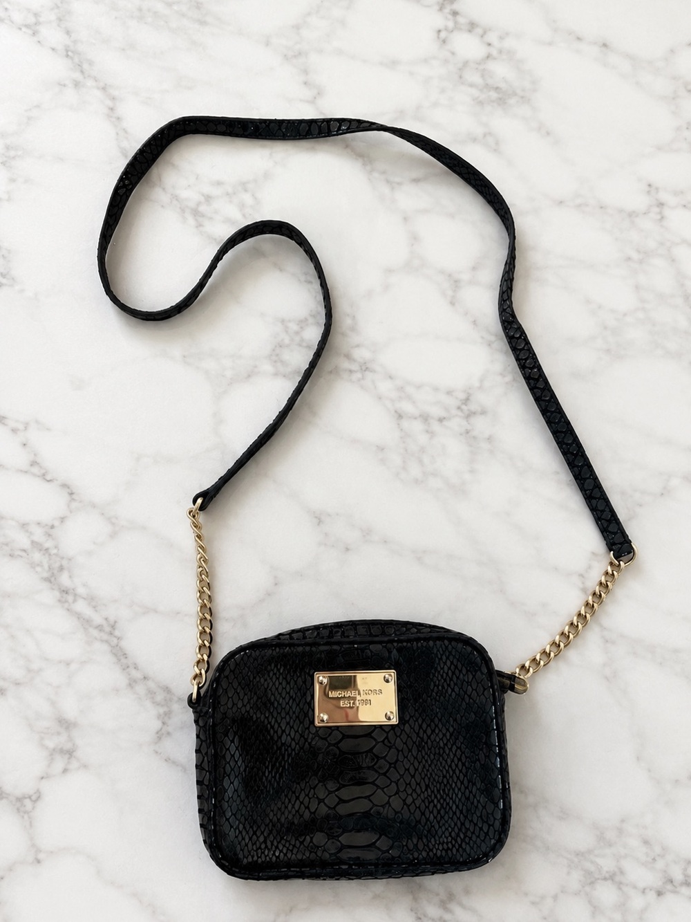 Michael Kors Black Snake-Embossed Crossbody with Gold Hardware